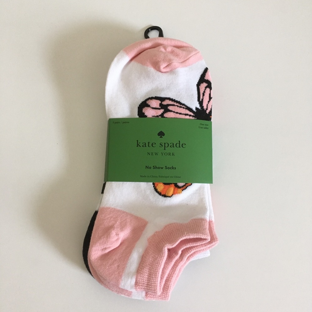 Kate Spade 3 pairs no show socks pink black white butterfly polka dots NWT